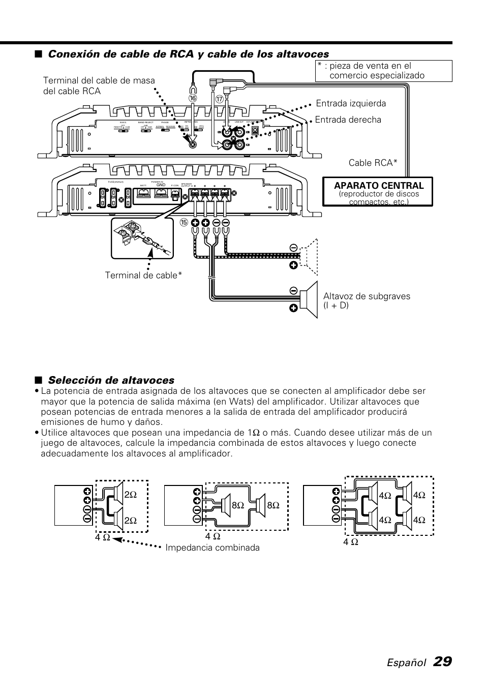 Español, Conexión de cable de rca y cable de los altavoces, Selección de altavoces | Aparato central, Cable rca* terminal de cable | Kenwood KAC-PS810D User Manual | Page 29 / 32