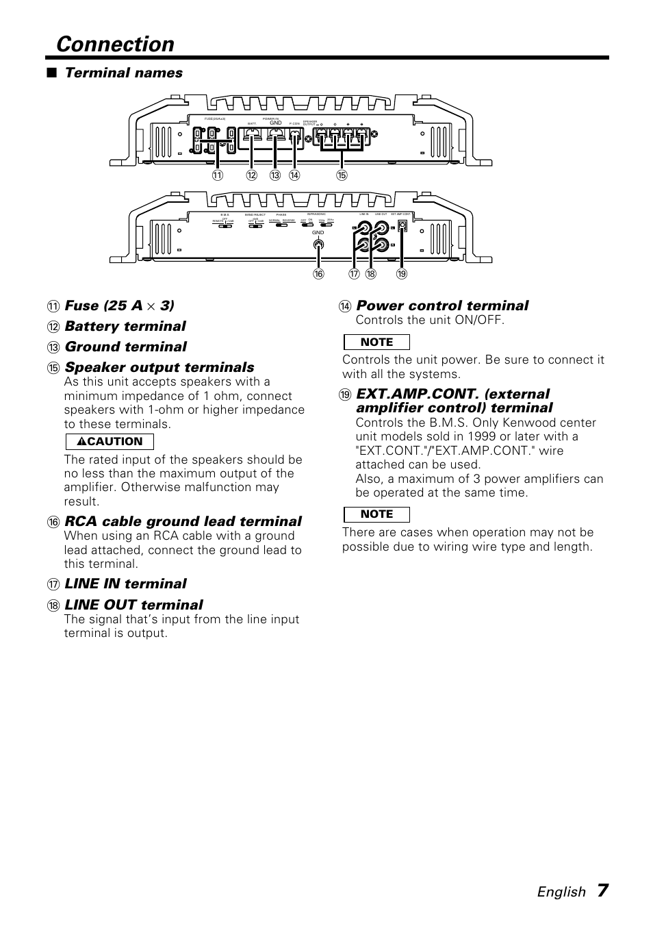 Connection, English, Rca cable ground lead terminal | Line in terminal * line out terminal, Power control terminal, Terminal names | Kenwood KAC-PS810D User Manual | Page 7 / 32