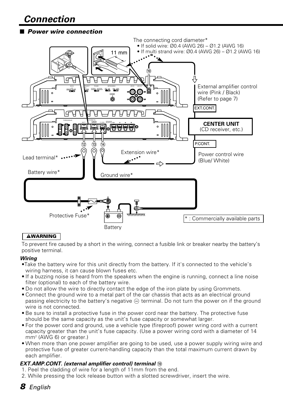 Connection, English, Power wire connection | 11 mm | Kenwood KAC-PS810D User Manual | Page 8 / 32