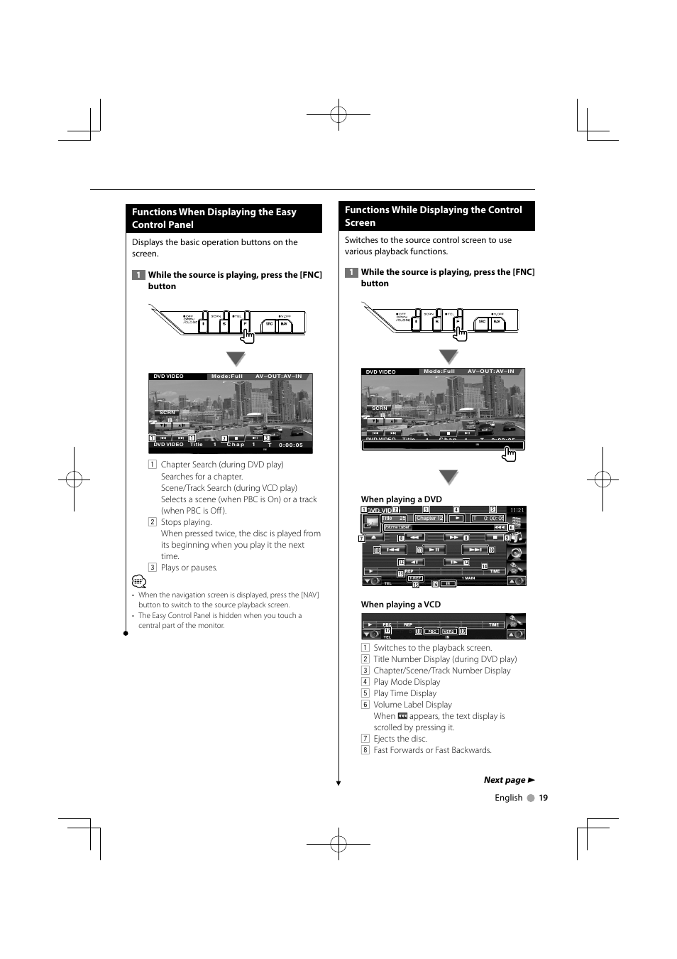 Functions when displaying the easy control panel, Functions while displaying the control screen, Next page 3 | Kenwood KVT-556DVD User Manual | Page 19 / 96