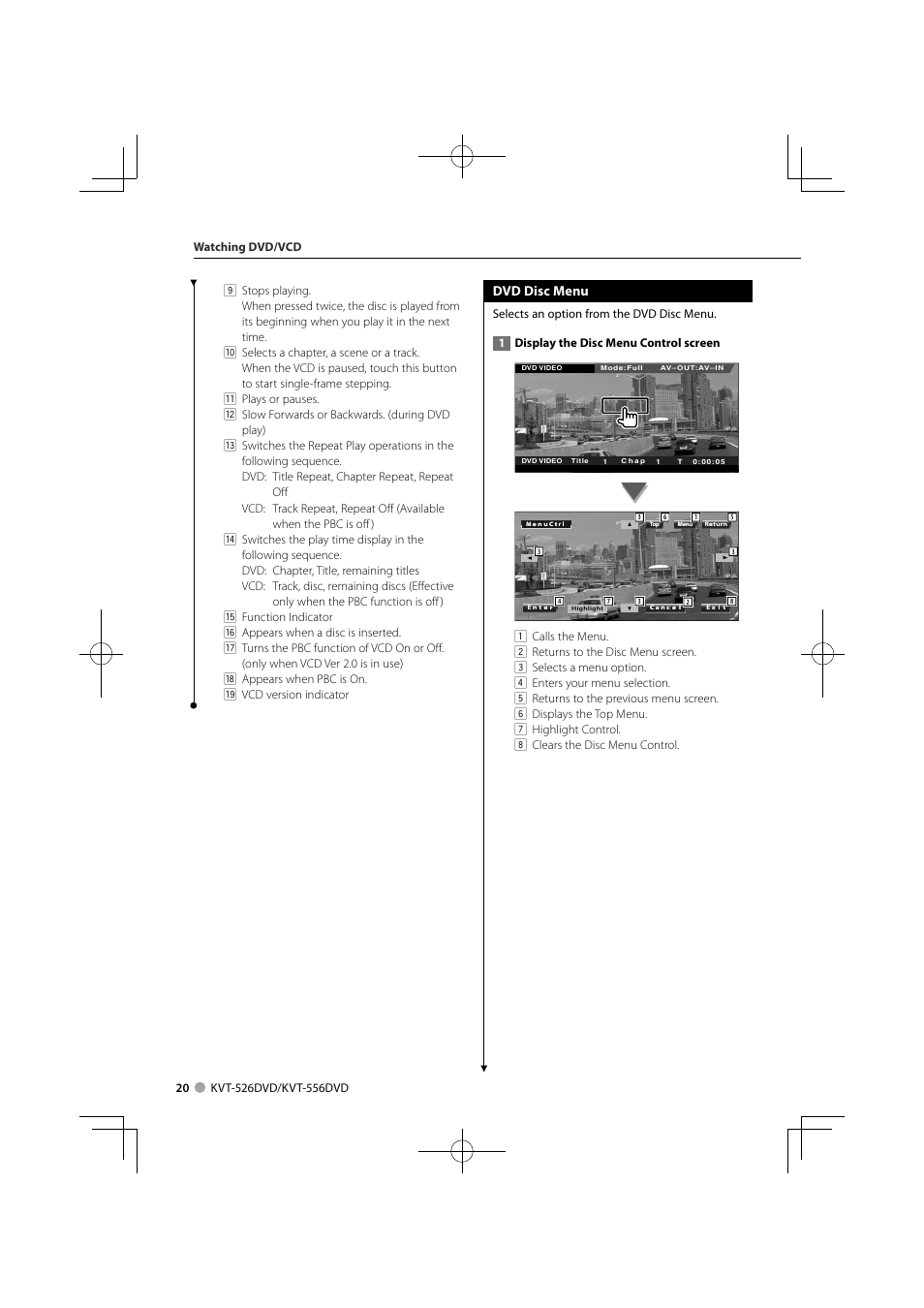 Dvd disc menu | Kenwood KVT-556DVD User Manual | Page 20 / 96