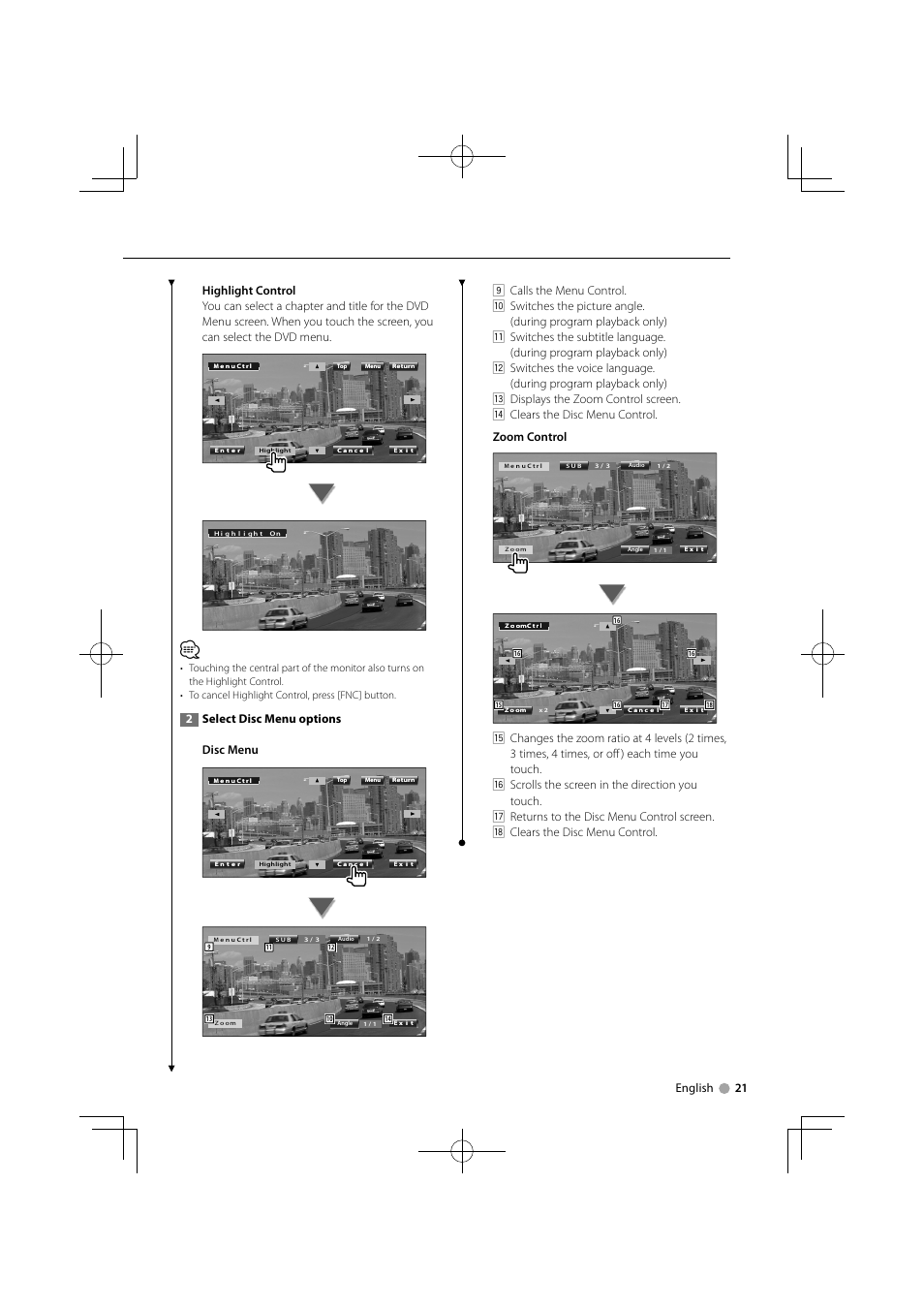 2select disc menu options disc menu | Kenwood KVT-556DVD User Manual | Page 21 / 96