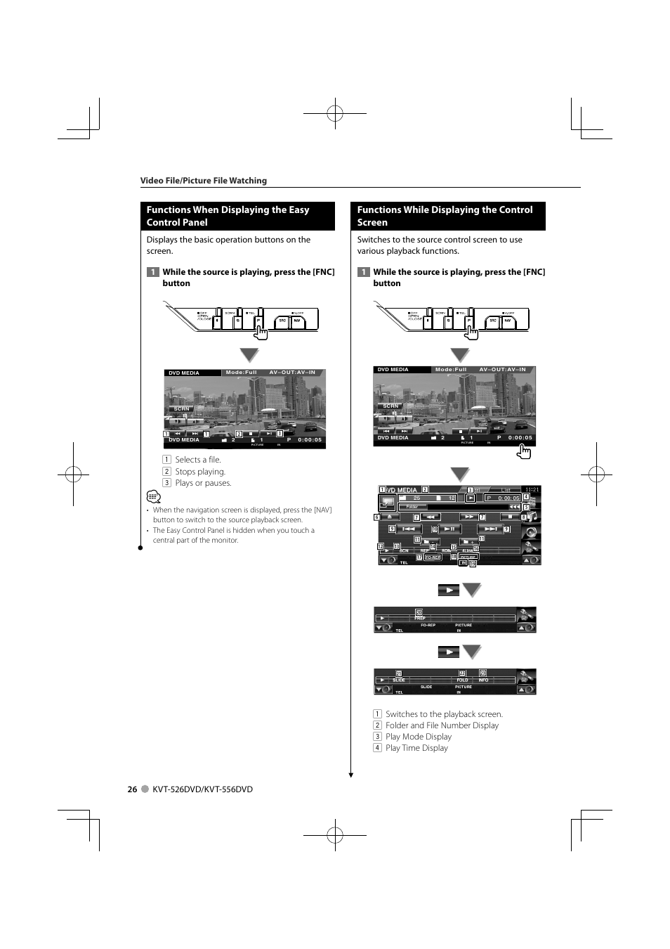 Functions when displaying the easy control panel, Functions while displaying the control screen | Kenwood KVT-556DVD User Manual | Page 26 / 96