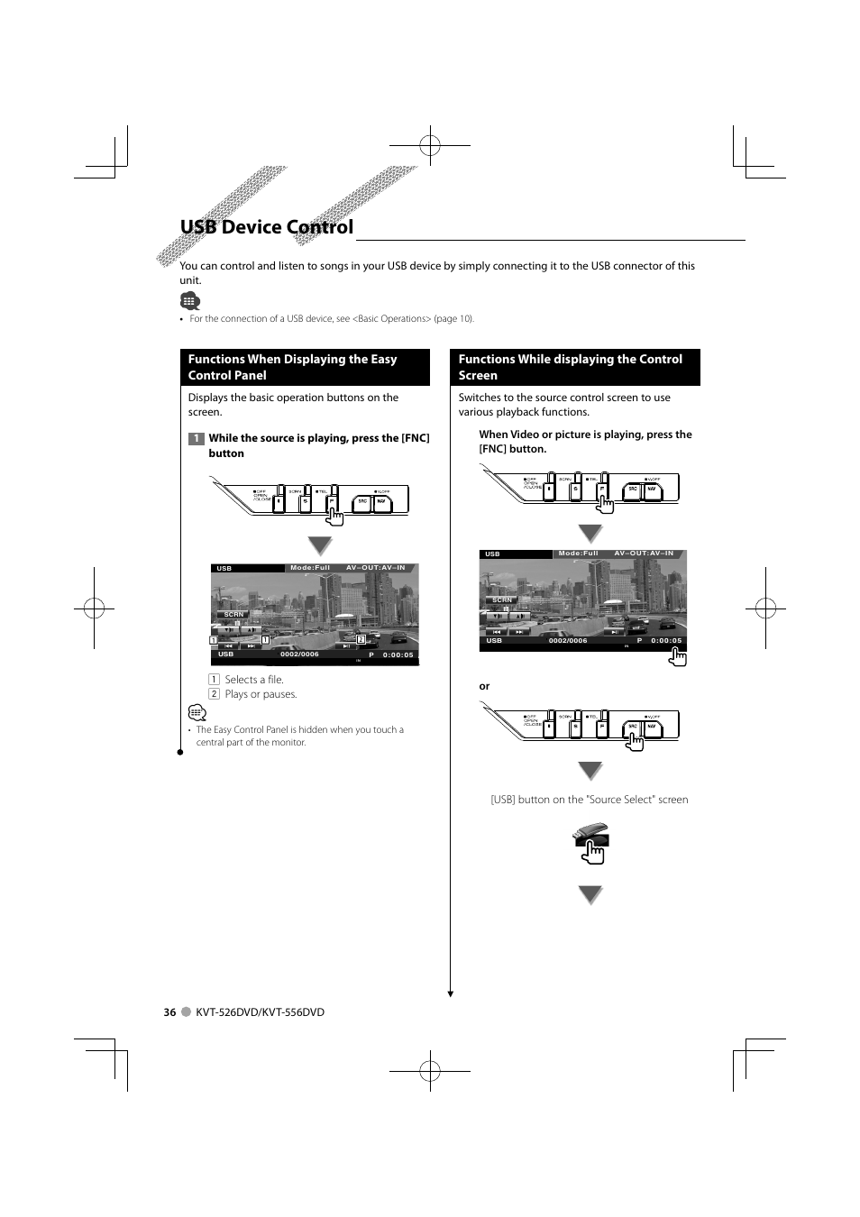 Usb device control, Functions when displaying the easy control panel, Functions while displaying the control screen | Kenwood KVT-556DVD User Manual | Page 36 / 96