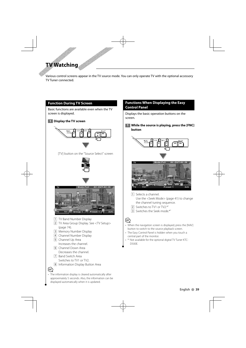 Tv watching, Function during tv screen, Functions when displaying the easy control panel | Kenwood KVT-556DVD User Manual | Page 39 / 96