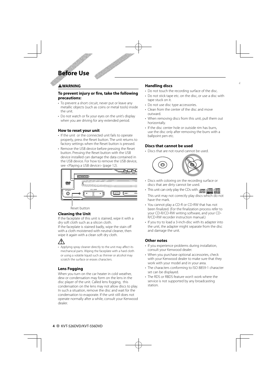 Before use | Kenwood KVT-556DVD User Manual | Page 4 / 96