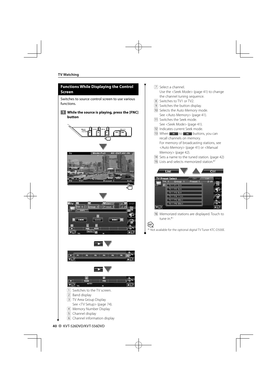 Functions while displaying the control screen | Kenwood KVT-556DVD User Manual | Page 40 / 96