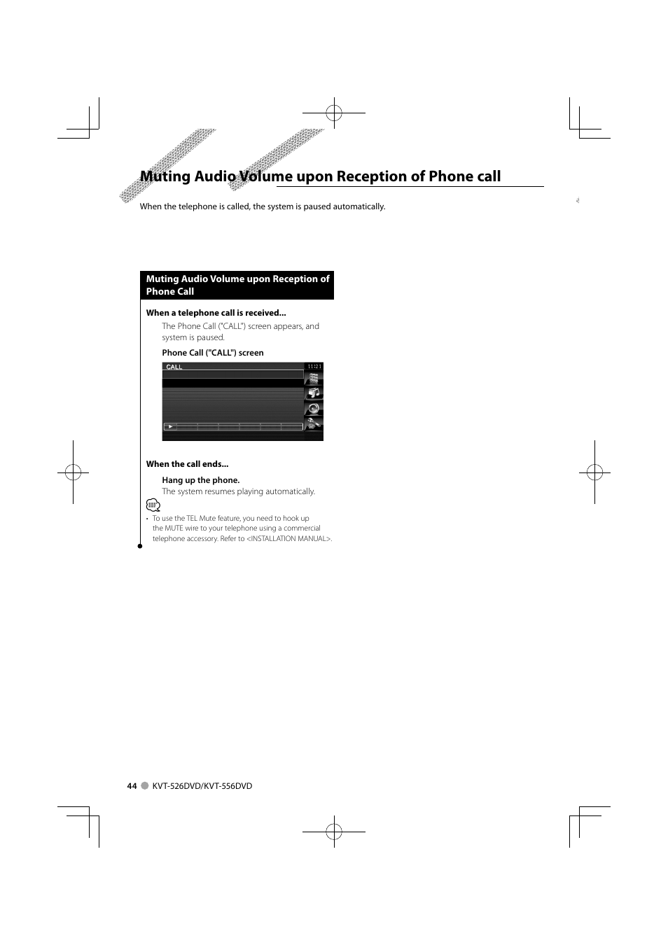 Muting audio volume upon reception of phone call | Kenwood KVT-556DVD User Manual | Page 44 / 96