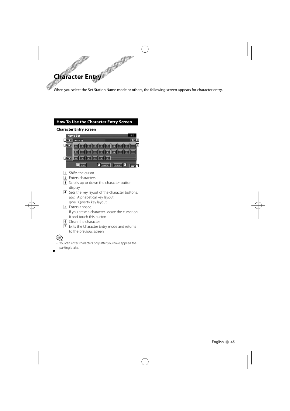 Character entry | Kenwood KVT-556DVD User Manual | Page 45 / 96