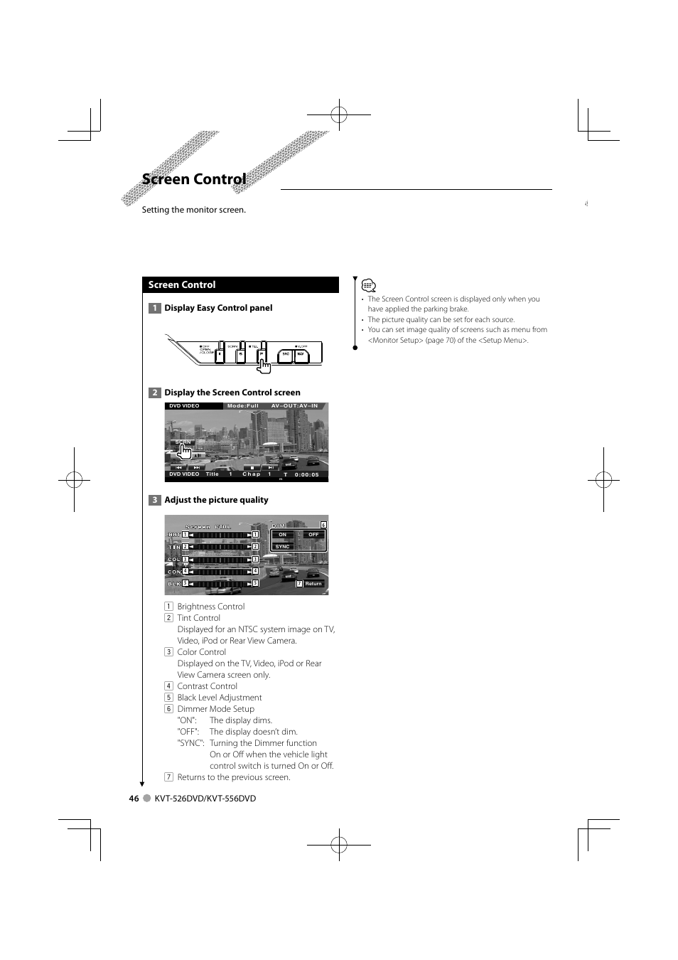 Screen control | Kenwood KVT-556DVD User Manual | Page 46 / 96