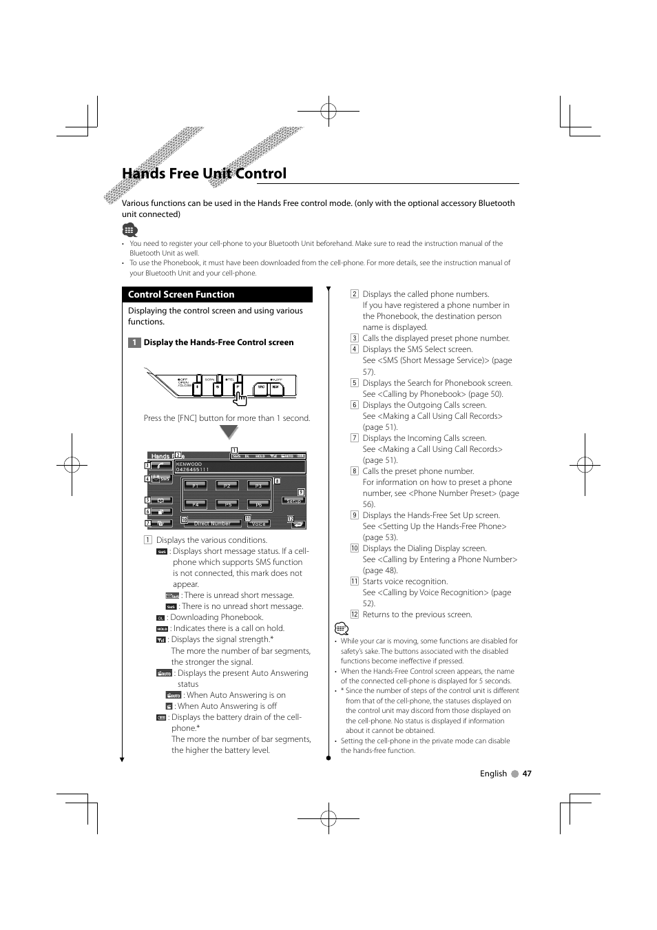 Hands free unit control | Kenwood KVT-556DVD User Manual | Page 47 / 96