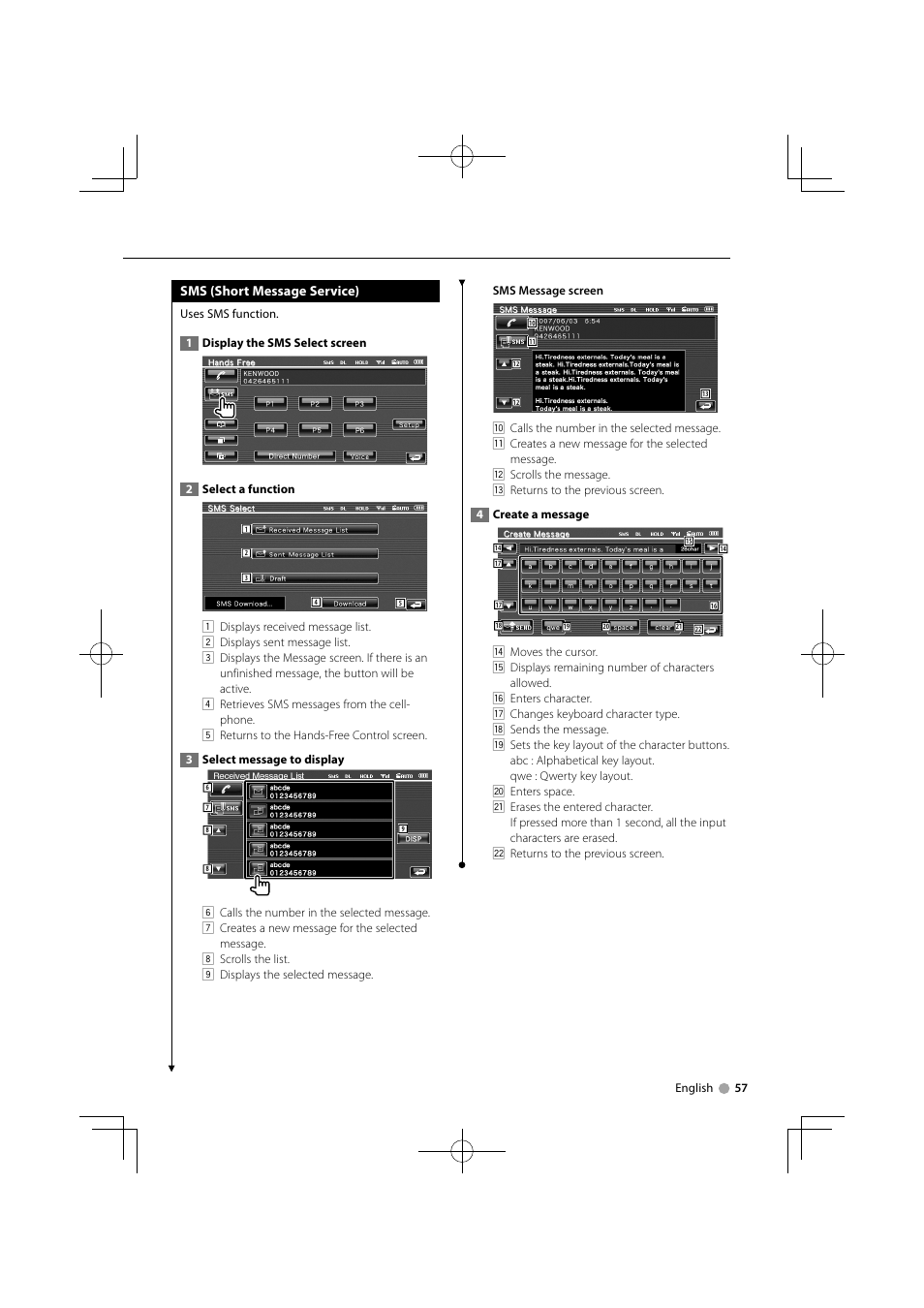 Sms (short message service) | Kenwood KVT-556DVD User Manual | Page 57 / 96