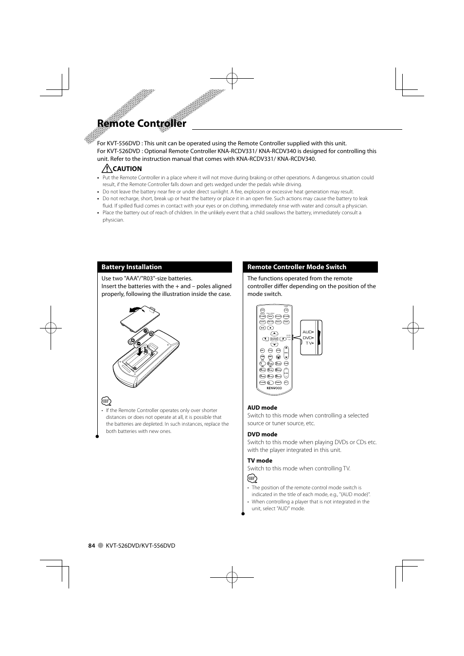 Remote controller, Caution, Battery installation | Remote controller mode switch | Kenwood KVT-556DVD User Manual | Page 84 / 96