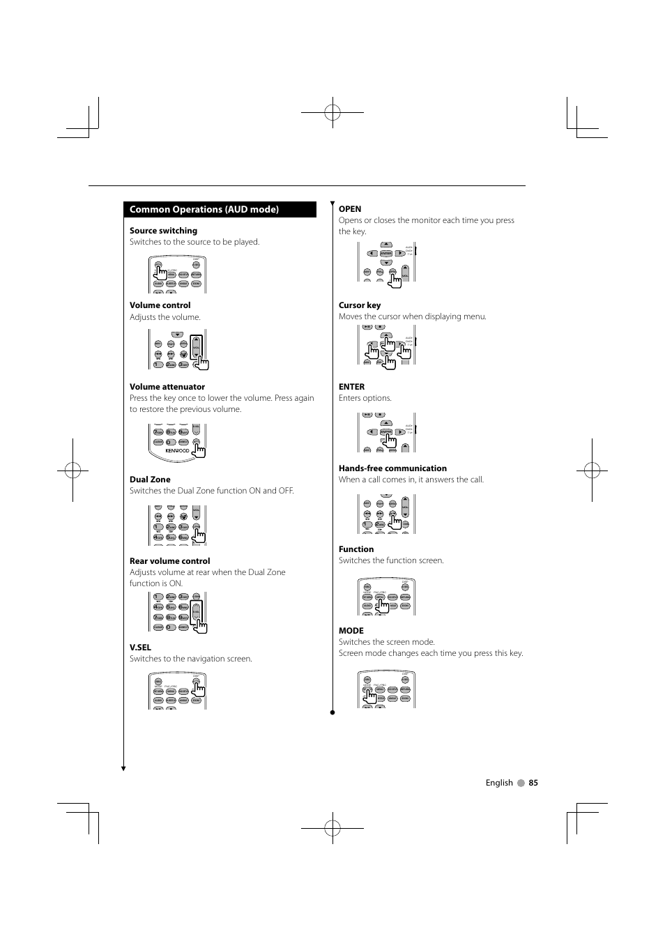 Common operations (aud mode), English 85, Volume control adjusts the volume | V.sel switches to the navigation screen, Cursor key moves the cursor when displaying menu, Enter enters options, Function switches the function screen | Kenwood KVT-556DVD User Manual | Page 85 / 96