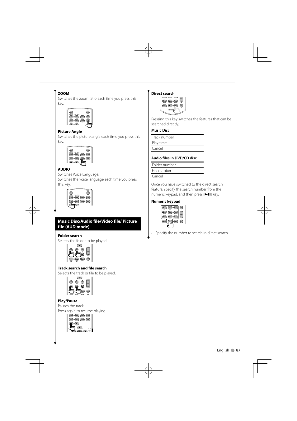 Folder search selects the folder to be played, Direct search, Specify the number to search in direct search | Kenwood KVT-556DVD User Manual | Page 87 / 96