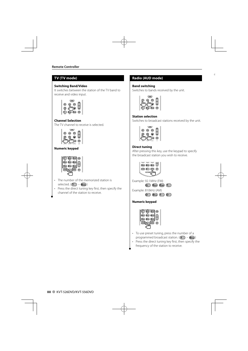 Radio (aud mode), Tv (tv mode), Example: 92.1mhz (fm) | Example: 810khz (am), Numeric keypad | Kenwood KVT-556DVD User Manual | Page 88 / 96