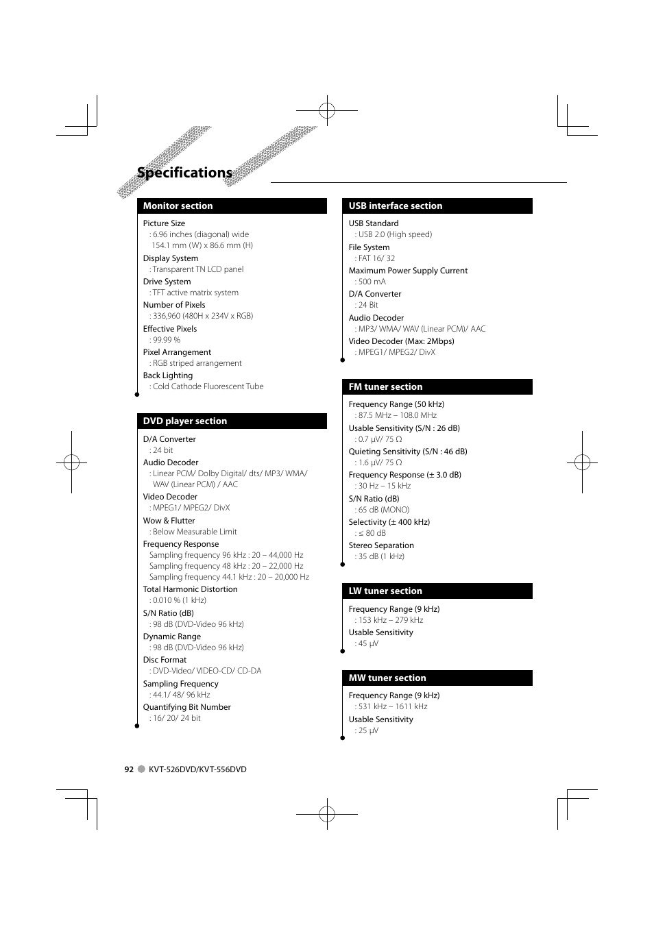 Specifications | Kenwood KVT-556DVD User Manual | Page 92 / 96