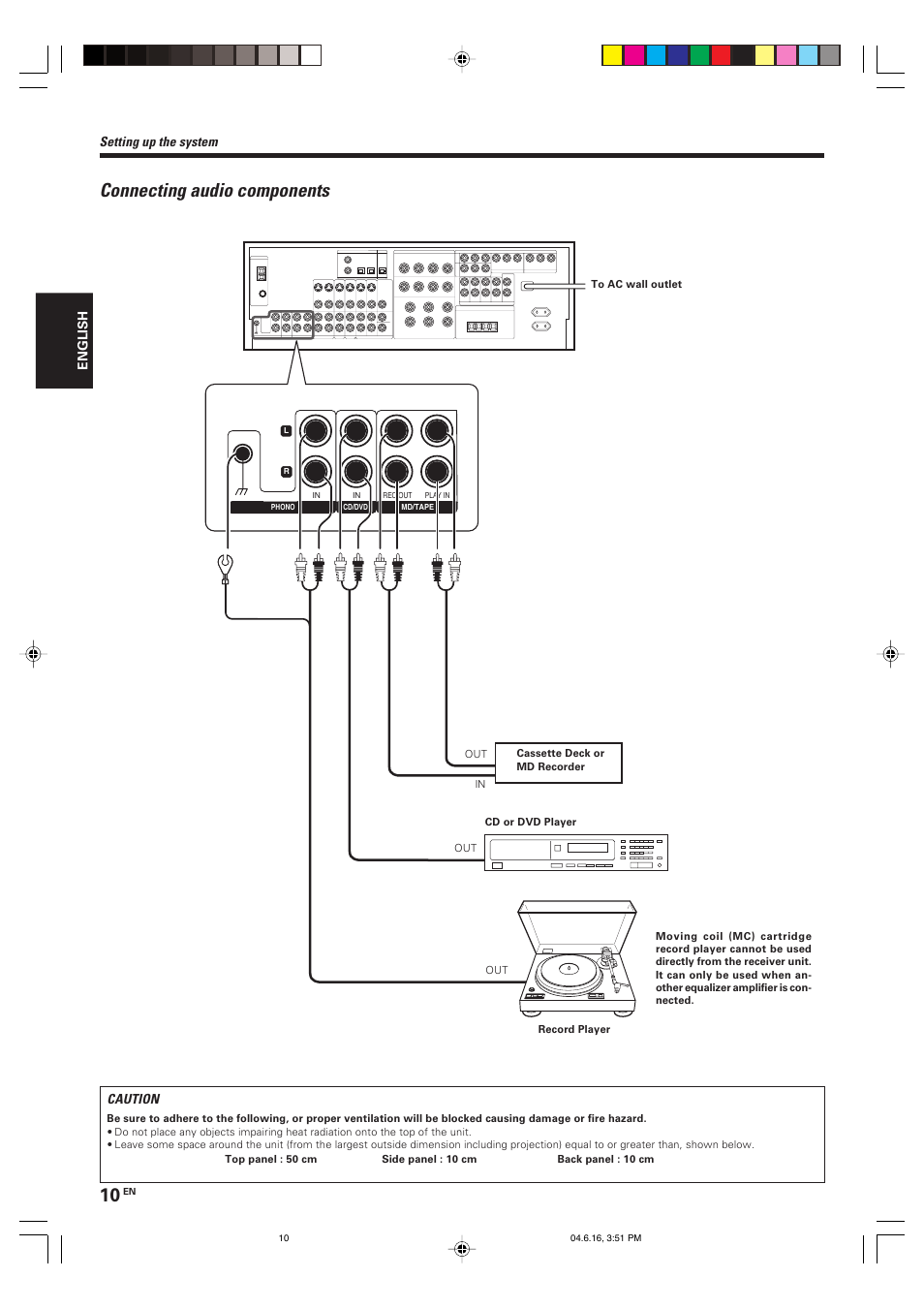 Connecting audio components, Setting up the system, Caution | Kenwood KRF-X9080D User Manual | Page 10 / 52