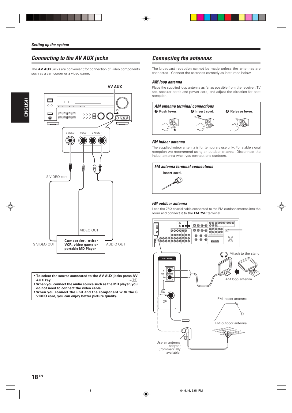 Connecting to the av aux jacks, Connecting the antennas | Kenwood KRF-X9080D User Manual | Page 18 / 52