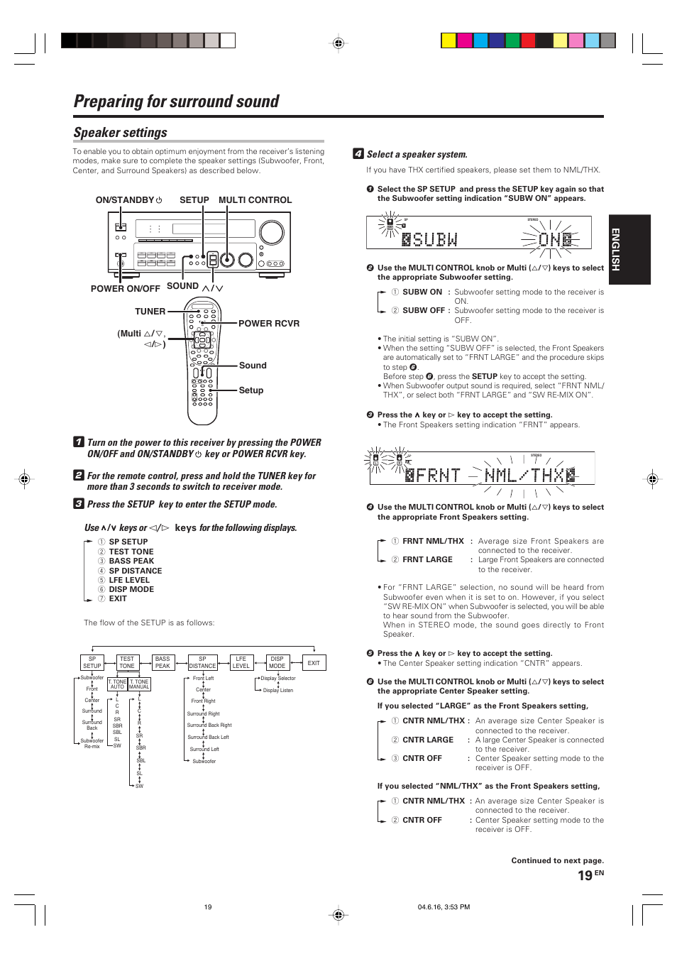 Preparing for surround sound, Speaker settings, Press the setup key to enter the setup mode. use | Keys or, For the following displays, Select a speaker system, English, Keys | Kenwood KRF-X9080D User Manual | Page 19 / 52