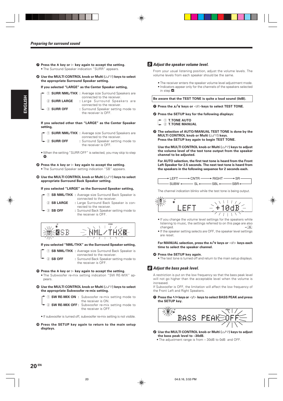 Adjust the speaker volume level, Adjust the bass peak level, Preparing for surround sound | English | Kenwood KRF-X9080D User Manual | Page 20 / 52