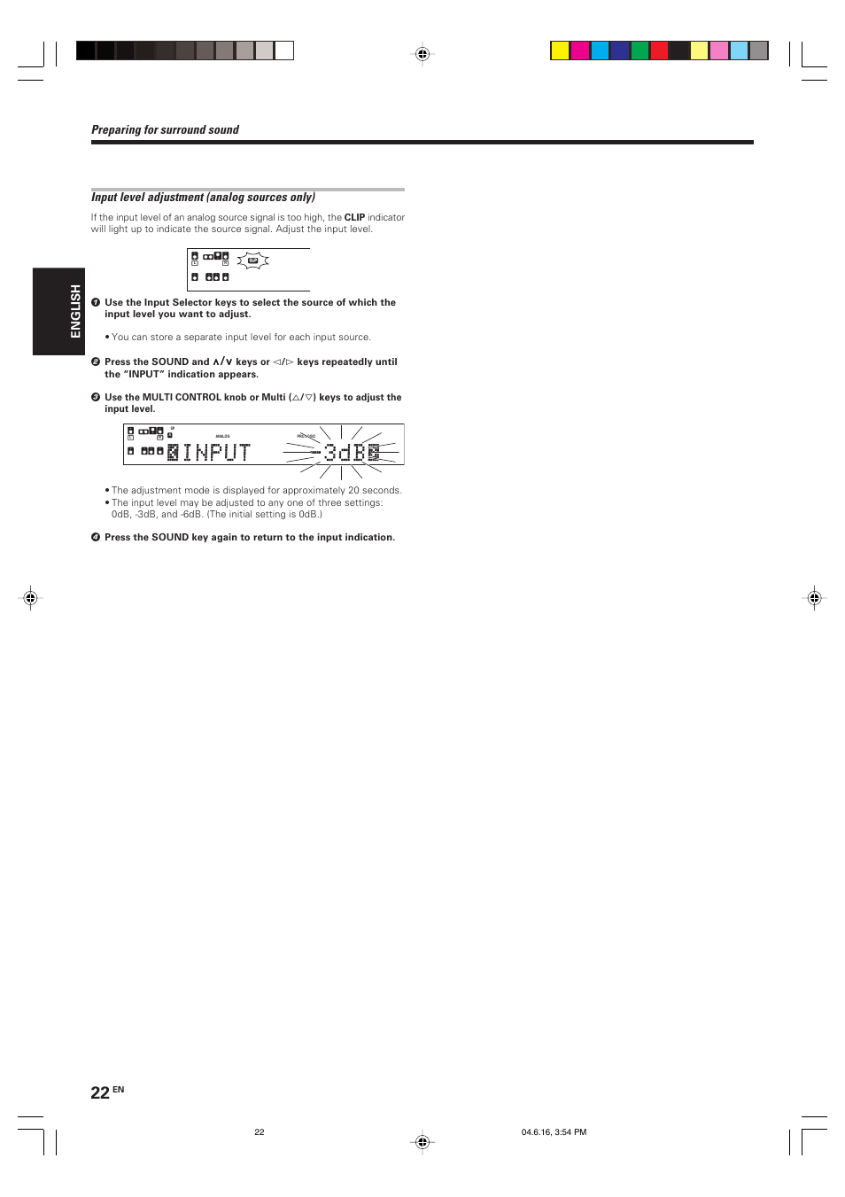 Input level adjustment (analog sources only), Preparing for surround sound, English | Kenwood KRF-X9080D User Manual | Page 22 / 52