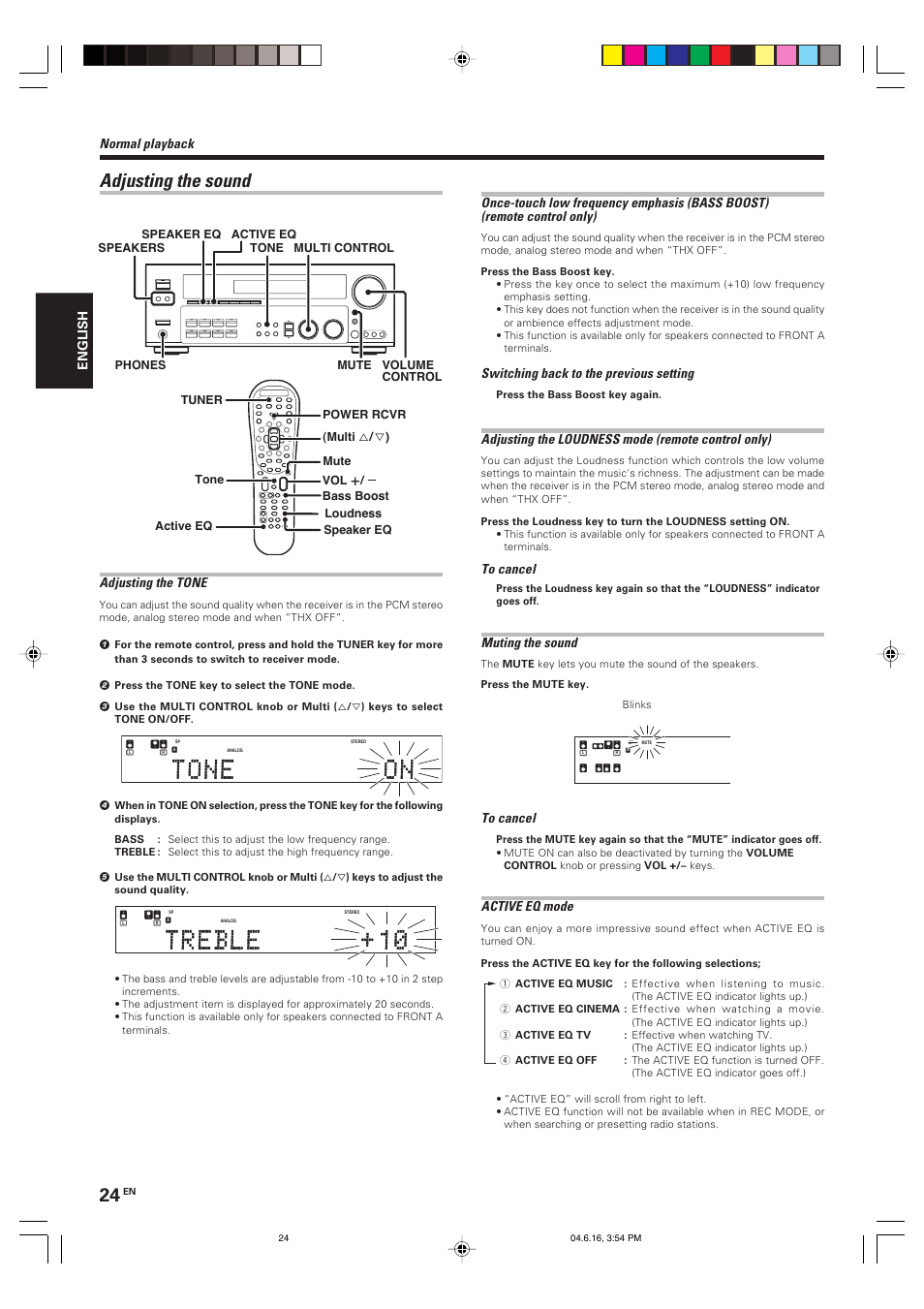 Adjusting the sound, Normal playback, Adjusting the tone | Switching back to the previous setting, Adjusting the loudness mode (remote control only), Muting the sound, Active eq mode, English | Kenwood KRF-X9080D User Manual | Page 24 / 52