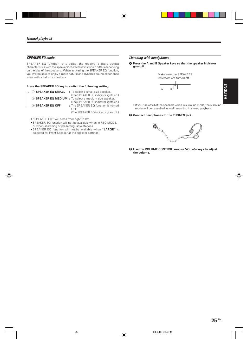 Normal playback, Speaker eq mode, Listening with headphones | English | Kenwood KRF-X9080D User Manual | Page 25 / 52