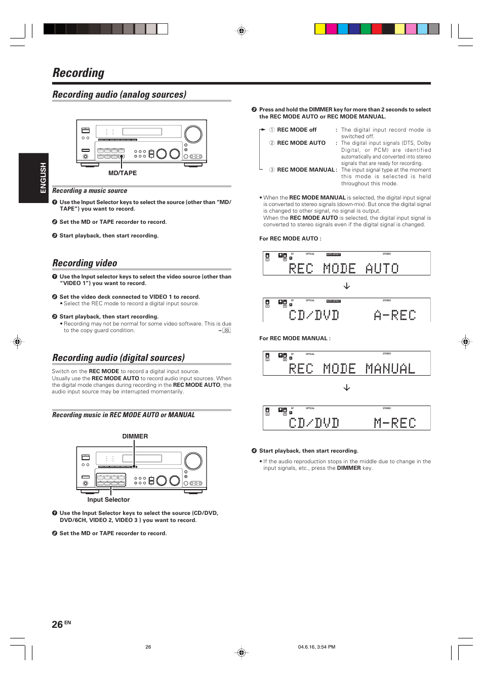 Recording, Recording audio (analog sources), Recording video | Recording audio (digital sources), Recording a music source, Recording music in rec mode auto or manual, English, Md/tape, Input selector dimmer, For rec mode manual | Kenwood KRF-X9080D User Manual | Page 26 / 52