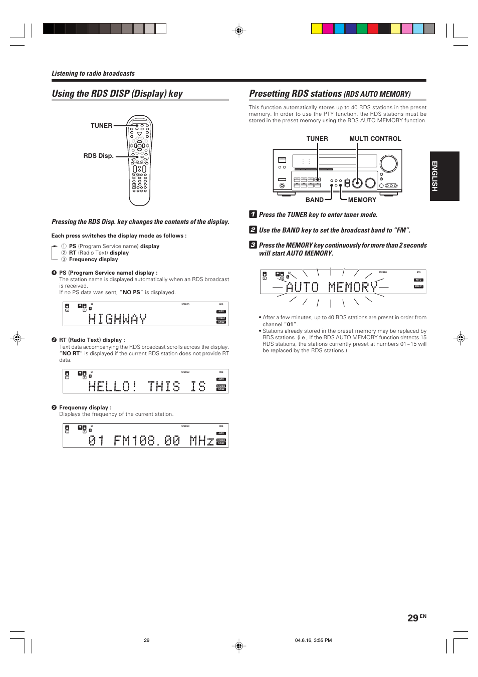 Using the rds disp (display) key, Presetting rds stations, Listening to radio broadcasts | Press the tuner key to enter tuner mode, Use the band key to set the broadcast band to “fm, English, Tuner rds disp | Kenwood KRF-X9080D User Manual | Page 29 / 52