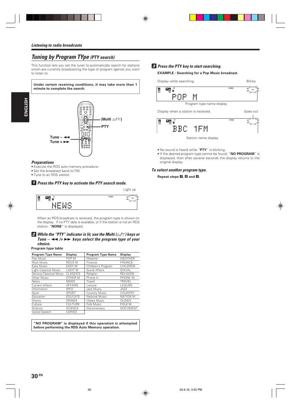 Tuning by program type, Pty search), Press the pty key to start searching | Listening to radio broadcasts, Preparations, Press the pty key to activate the pty search mode, While the “pty” indicator is lit, use the multi, Keys or tune, Keys select the program type of your choice, English | Kenwood KRF-X9080D User Manual | Page 30 / 52