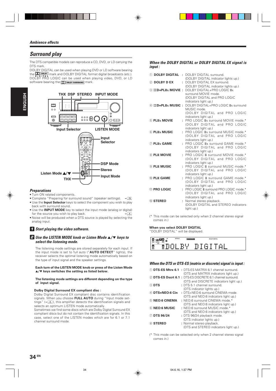 Surround play, Preparations, Start playing the video software | Use the listen mode knob or listen mode, Keys to select the listening mode, Ambience effects | Kenwood KRF-X9080D User Manual | Page 34 / 52