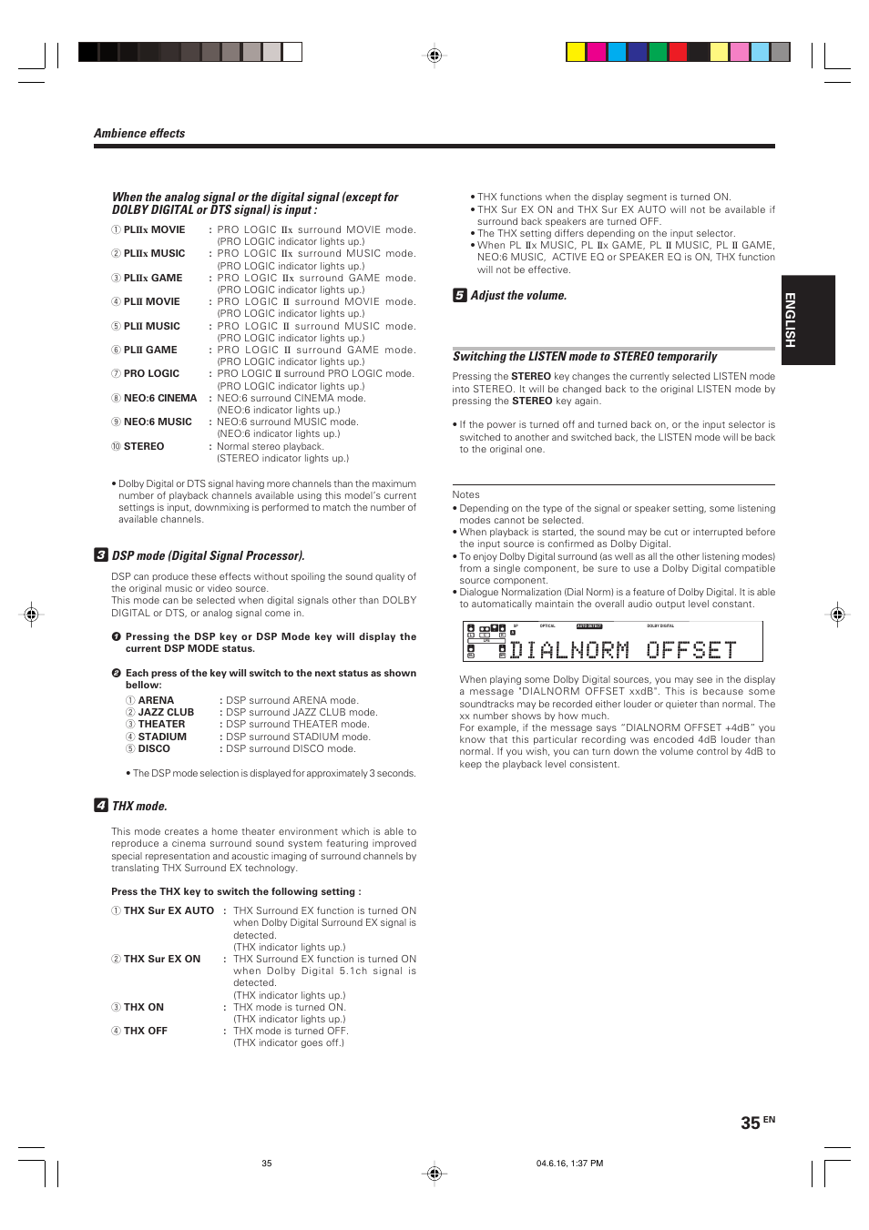 Ambience effects, Dsp mode (digital signal processor), Thx mode | English | Kenwood KRF-X9080D User Manual | Page 35 / 52