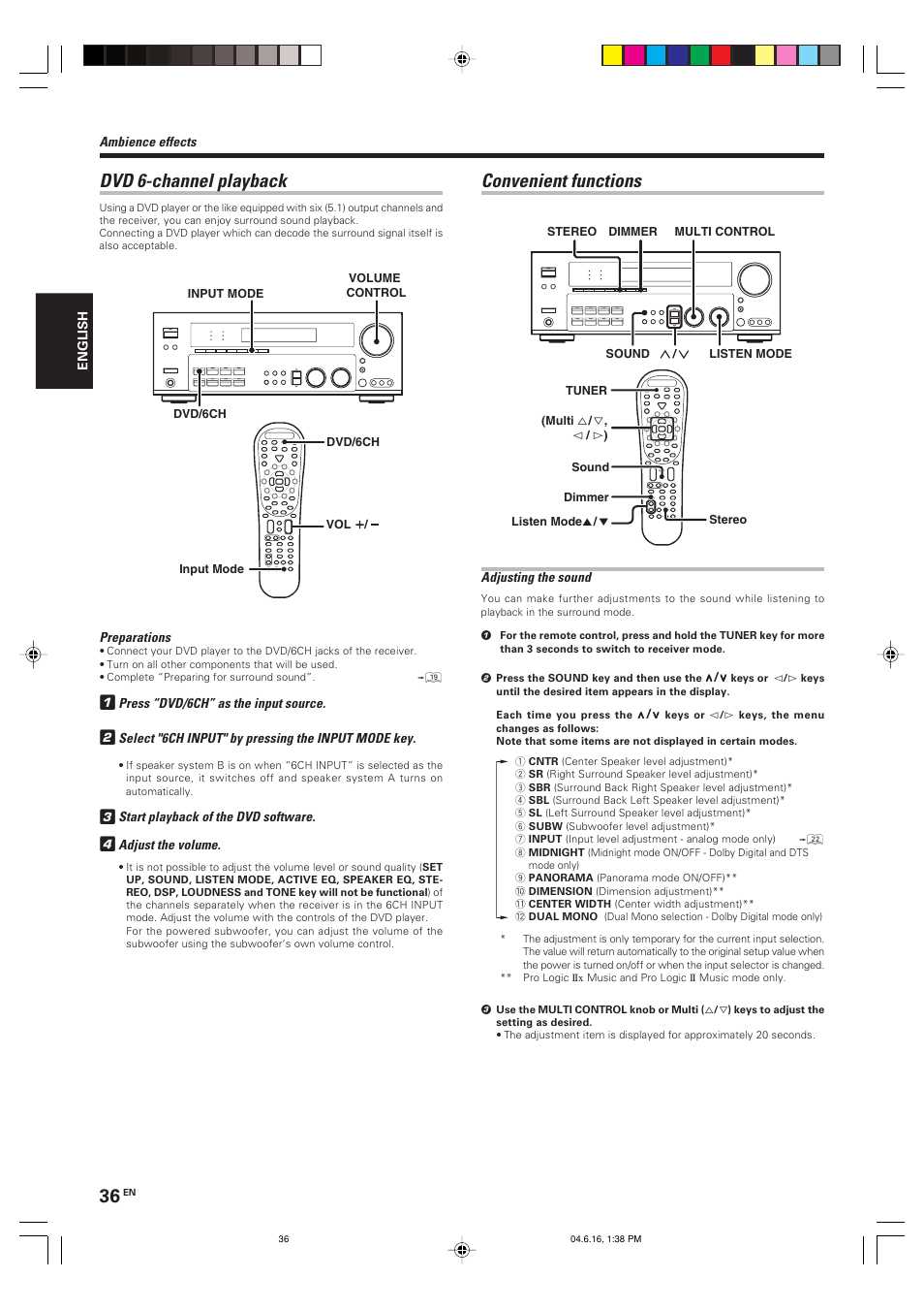 Convenient functions dvd 6-channel playback | Kenwood KRF-X9080D User Manual | Page 36 / 52