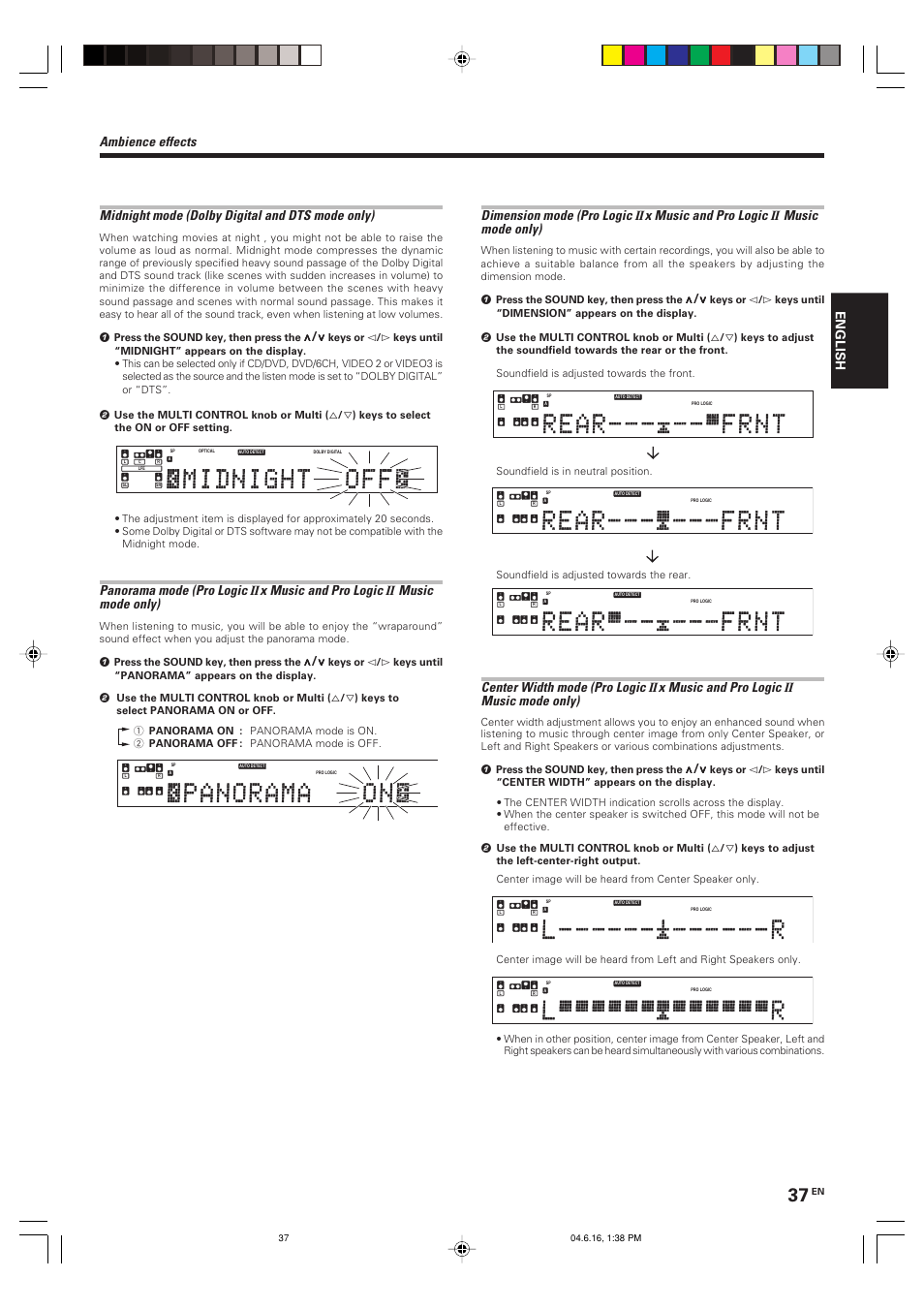 Panorama mode (pro logic, X music and pro logic, Music mode only) | Dimension mode (pro logic, Center width mode (pro logic, English, Soundfield is in neutral position, Soundfield is adjusted towards the rear | Kenwood KRF-X9080D User Manual | Page 37 / 52