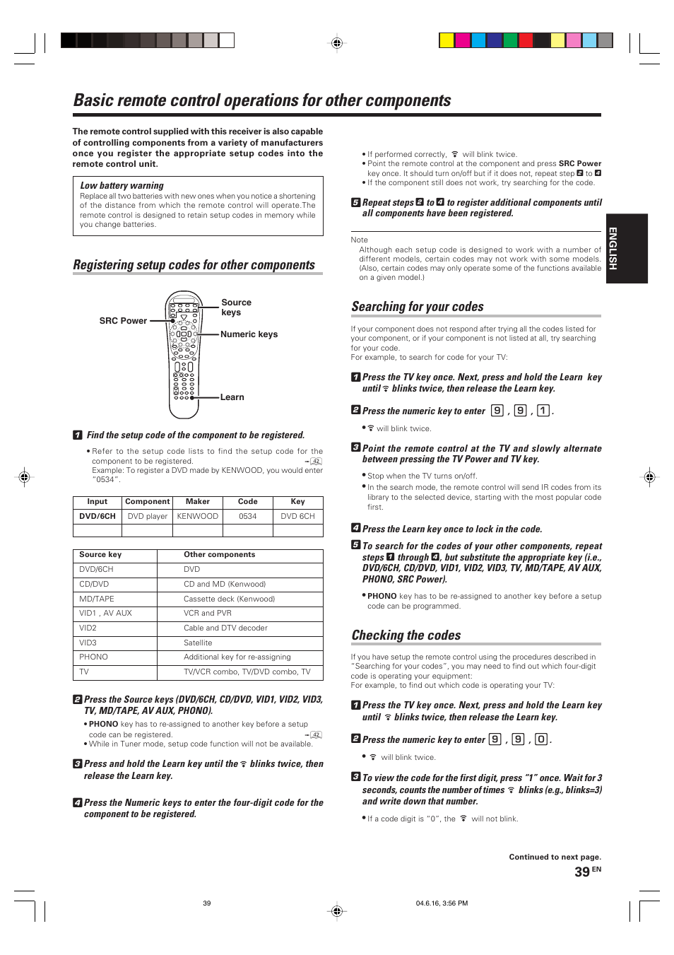 Registering setup codes for other components, Searching for your codes, Checking the codes | Kenwood KRF-X9080D User Manual | Page 39 / 52