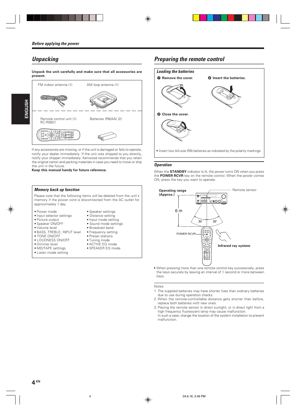 Preparing the remote control, Unpacking | Kenwood KRF-X9080D User Manual | Page 4 / 52