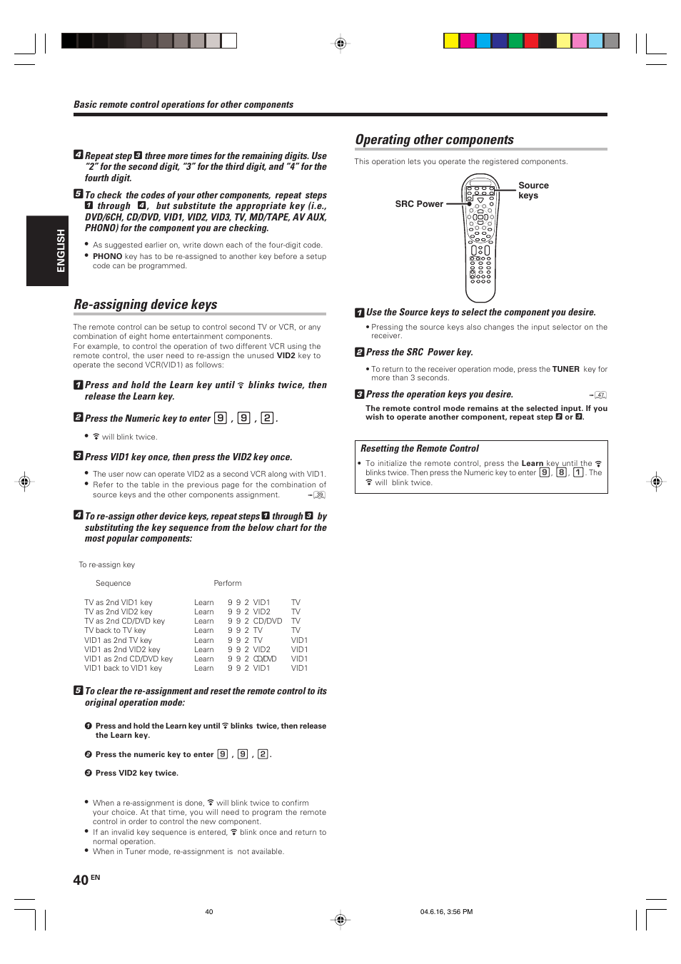 Operating other components, Re-assigning device keys | Kenwood KRF-X9080D User Manual | Page 40 / 52