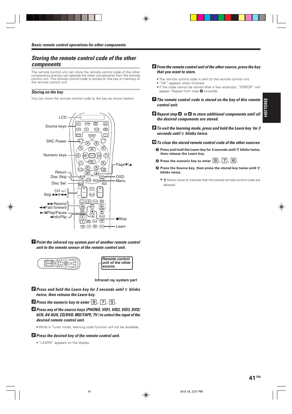 Storing on the key, Press the numeric key to enter, Press the desired key of the remote control unit | Repeat step, Blinks twice, English | Kenwood KRF-X9080D User Manual | Page 41 / 52