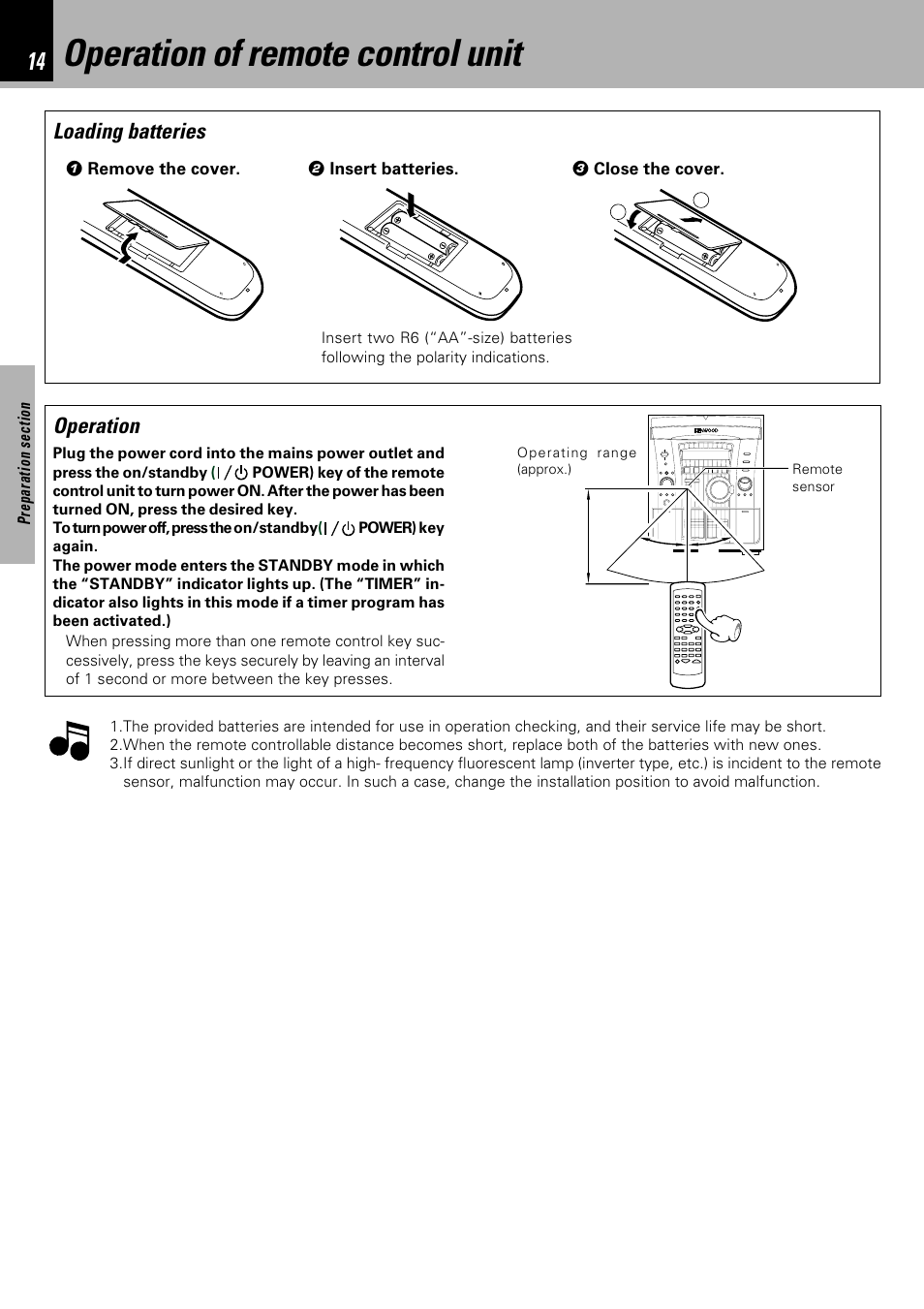 Operation of remote control unit, Loading batteries, Operation | Kenwood XD-753 User Manual | Page 14 / 60