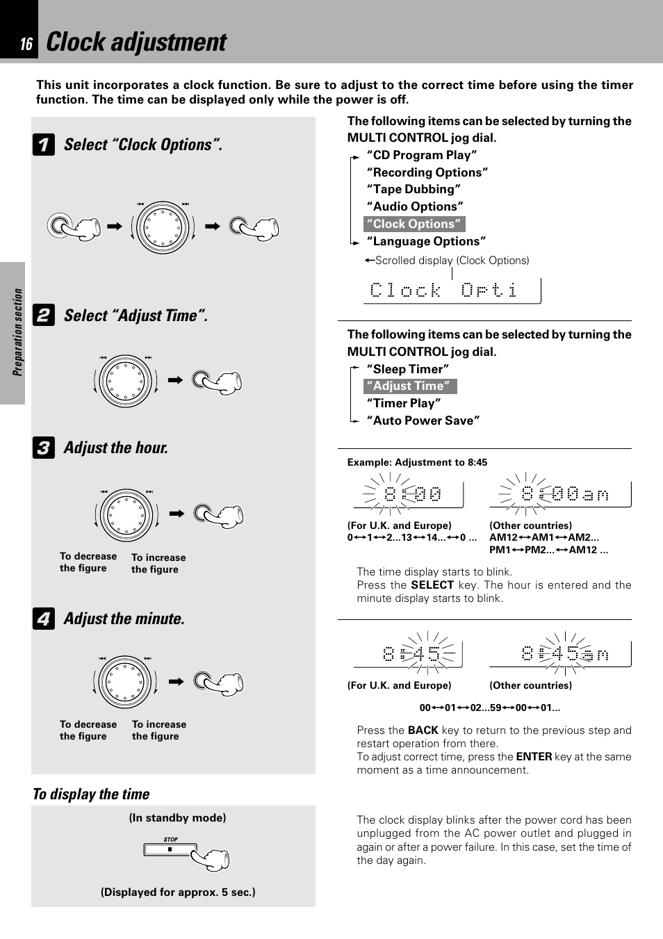 Clock adjustment, Select “clock options, Select “adjust time | Adjust the hour, Adjust the minute | Kenwood XD-753 User Manual | Page 16 / 60