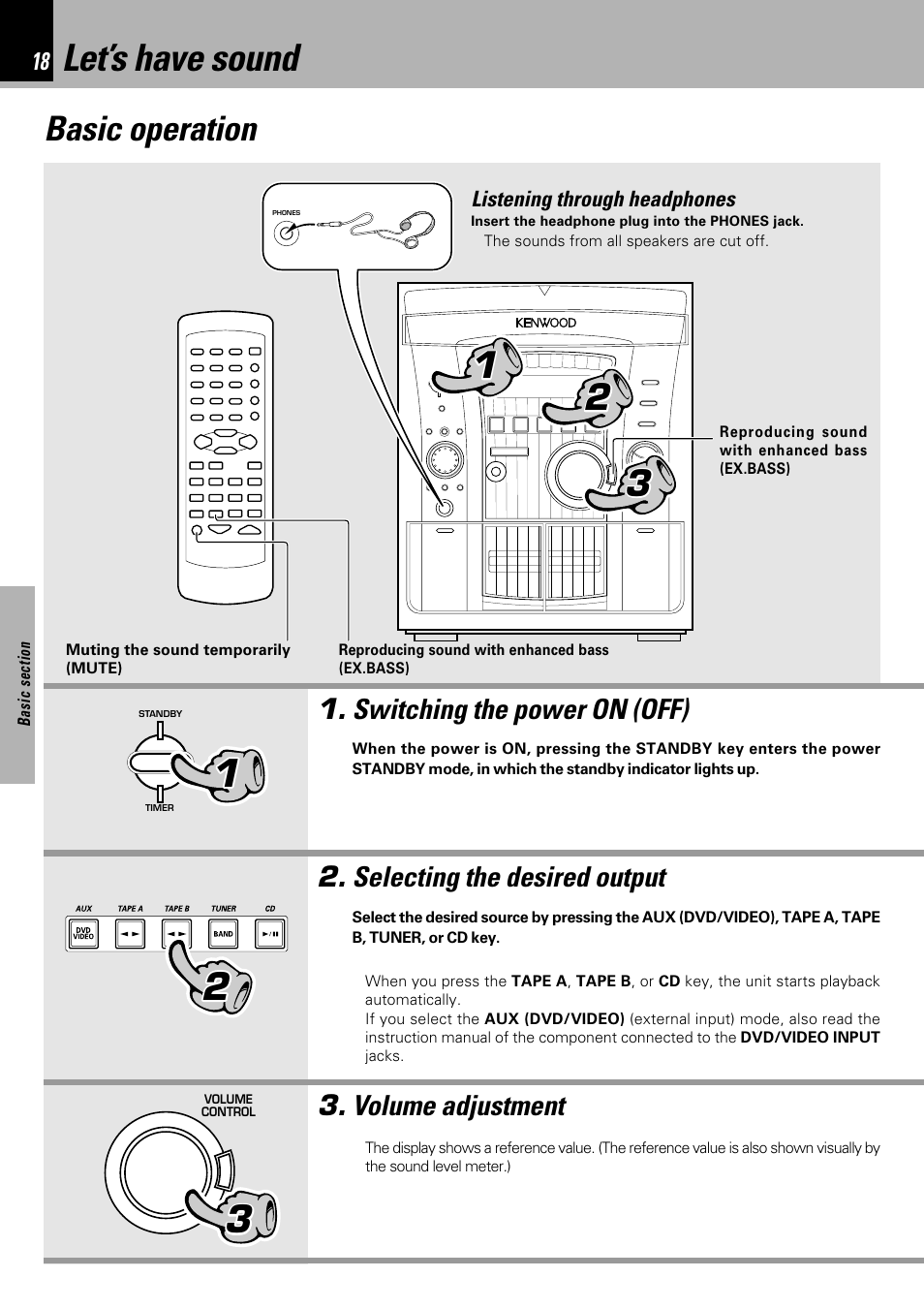 Let’s have sound, Basic operation, Switching the power on (off) | Selecting the desired output, Volume adjustment | Kenwood XD-753 User Manual | Page 18 / 60