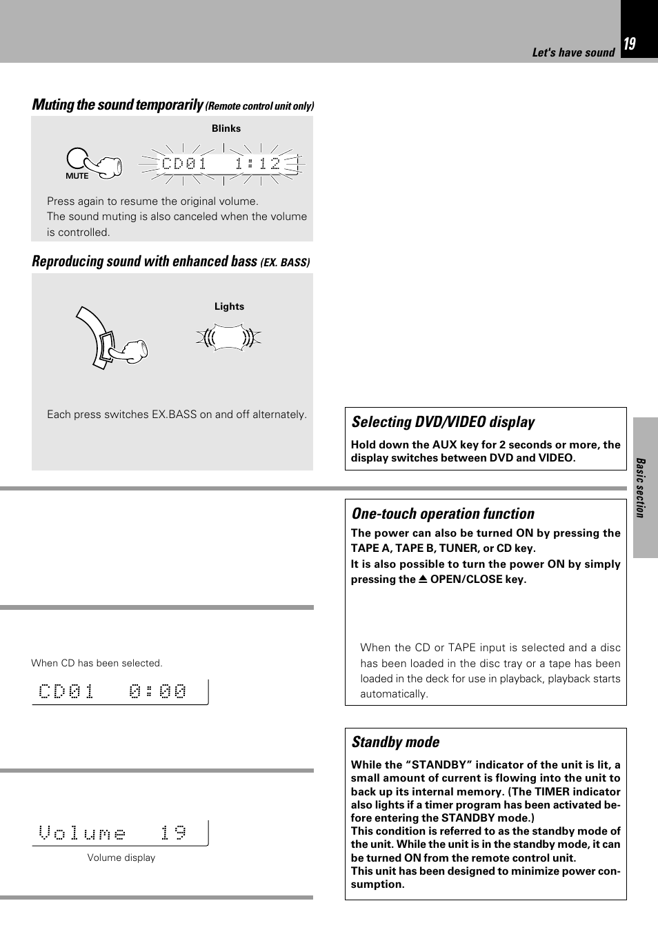 Muting the sound temporarily, Reproducing sound with enhanced bass, Standby mode | One-touch operation function, Selecting dvd/video display | Kenwood XD-753 User Manual | Page 19 / 60