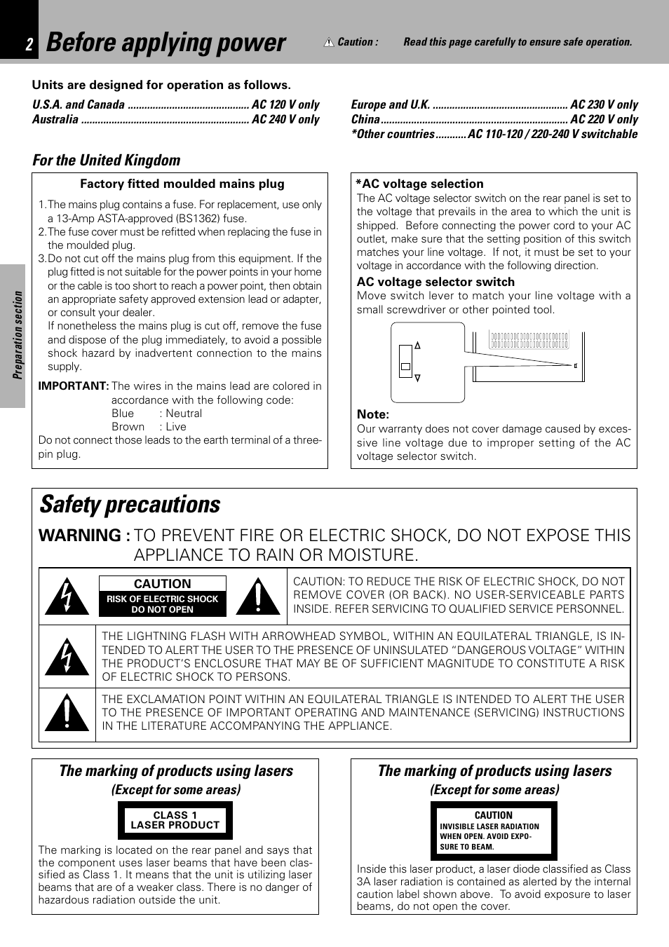 Before applying power, Safety precautions, For the united kingdom | The marking of products using lasers | Kenwood XD-753 User Manual | Page 2 / 60