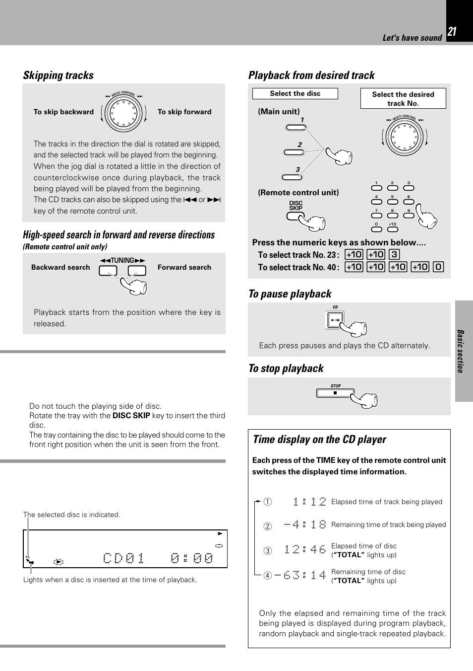 Time display on the cd player, Skipping tracks, Let's have sound | Kenwood XD-753 User Manual | Page 21 / 60