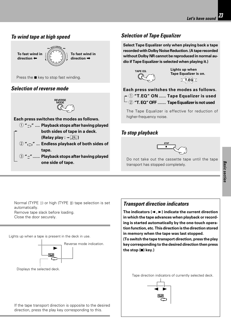 Selection of tape equalizer, Transport direction indicators, Selection of reverse mode | Kenwood XD-753 User Manual | Page 23 / 60