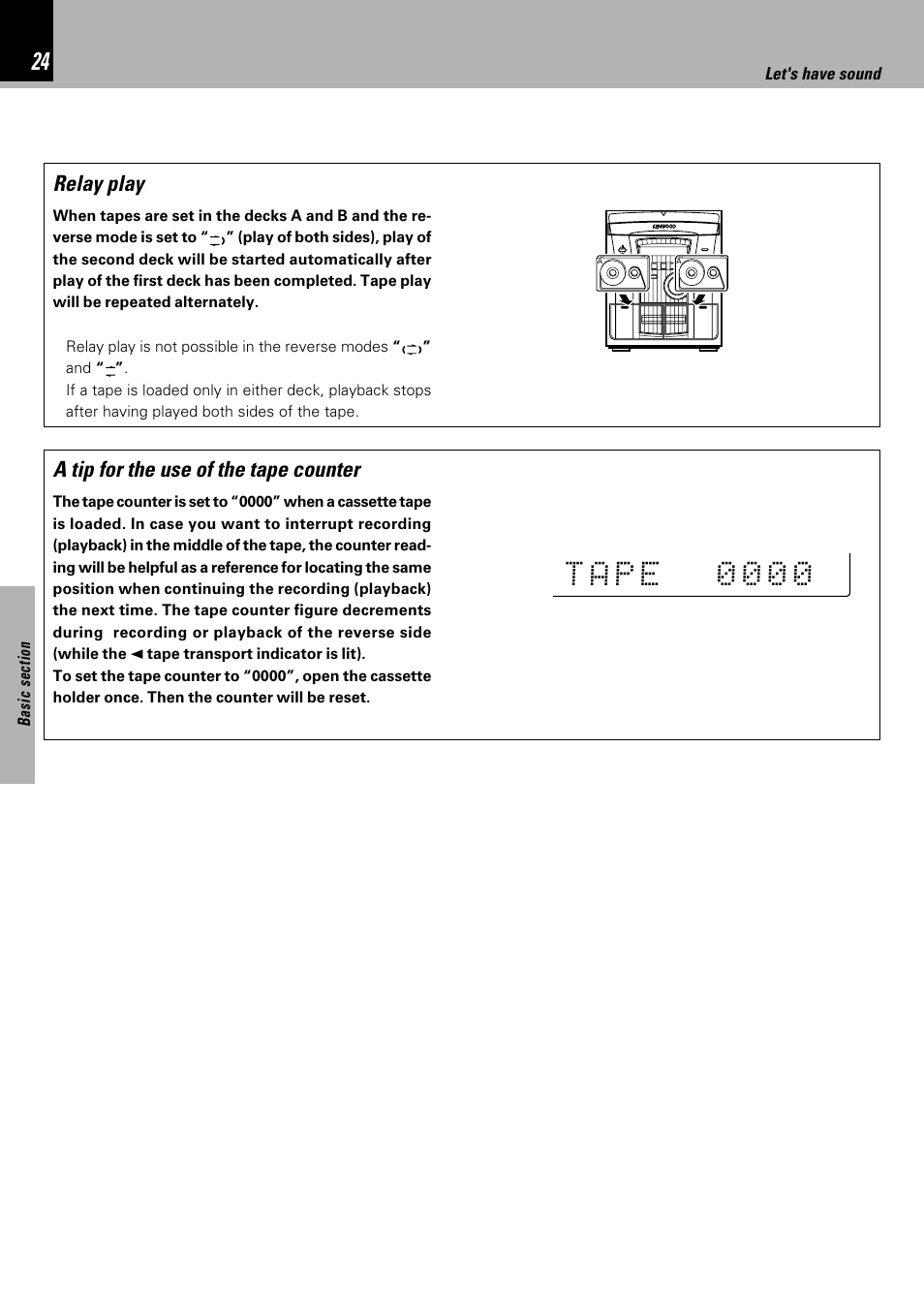 T0 a p e 0 0 0, A tip for the use of the tape counter, Relay play | Kenwood XD-753 User Manual | Page 24 / 60