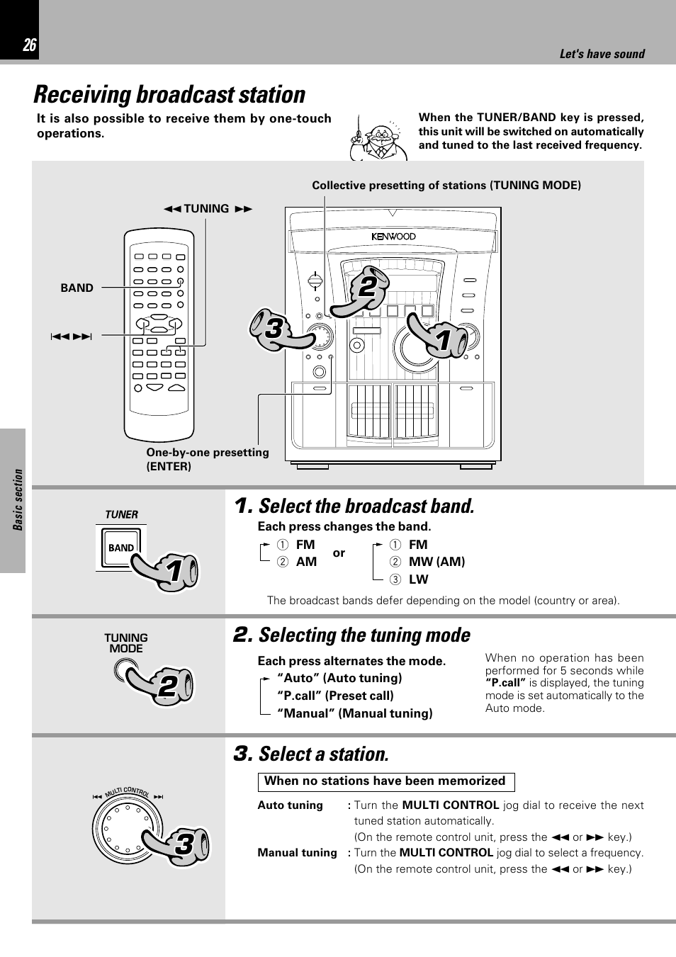 Receiving broadcast station, Select the broadcast band, Selecting the tuning mode | Select a station | Kenwood XD-753 User Manual | Page 26 / 60