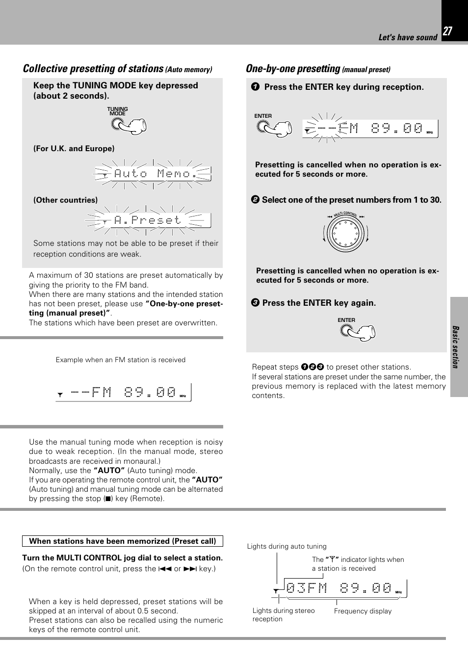 0 - f m 8 9 . 0, Collective presetting of stations, One-by-one presetting | Kenwood XD-753 User Manual | Page 27 / 60