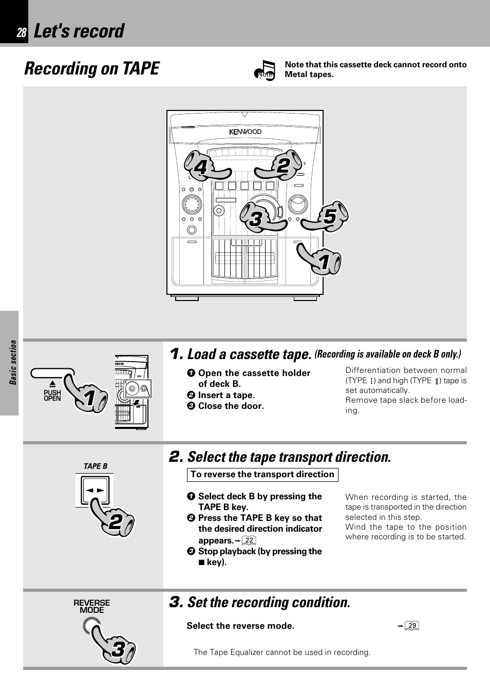 Let's record, Recording on tape, Load a cassette tape | Select the tape transport direction, Set the recording condition | Kenwood XD-753 User Manual | Page 28 / 60